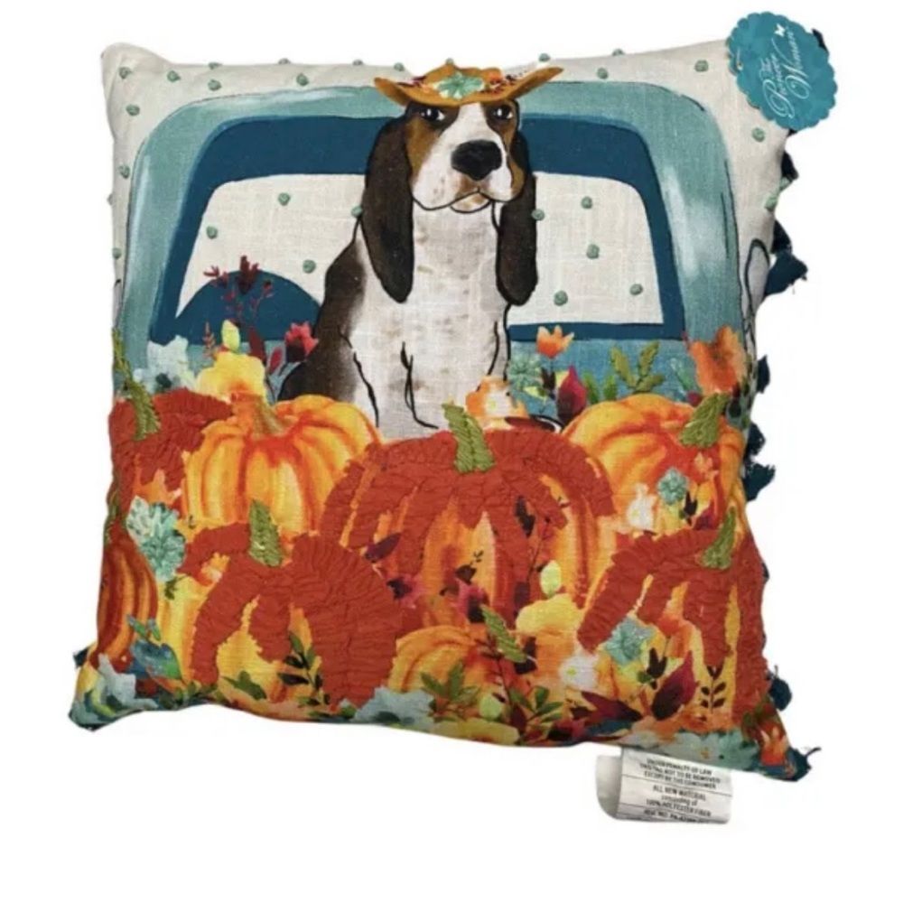 2 Pioneer Woman Charlie Pillow Fall Truck Bassett Hound Dog Pumpkin Embroidered